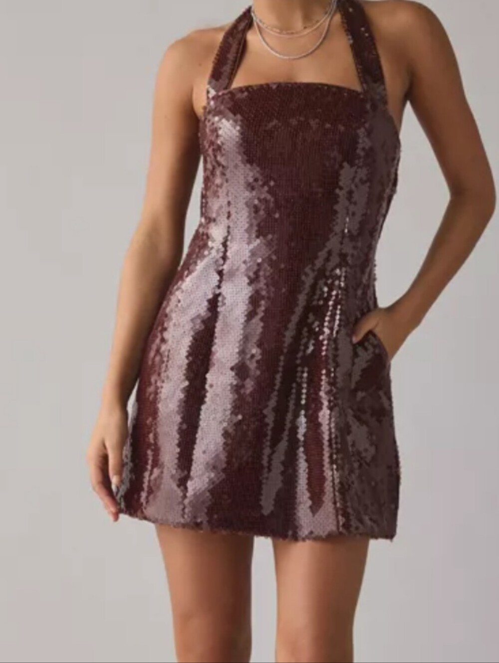 Bardot Burgundy Sequin Halter Mini Dress